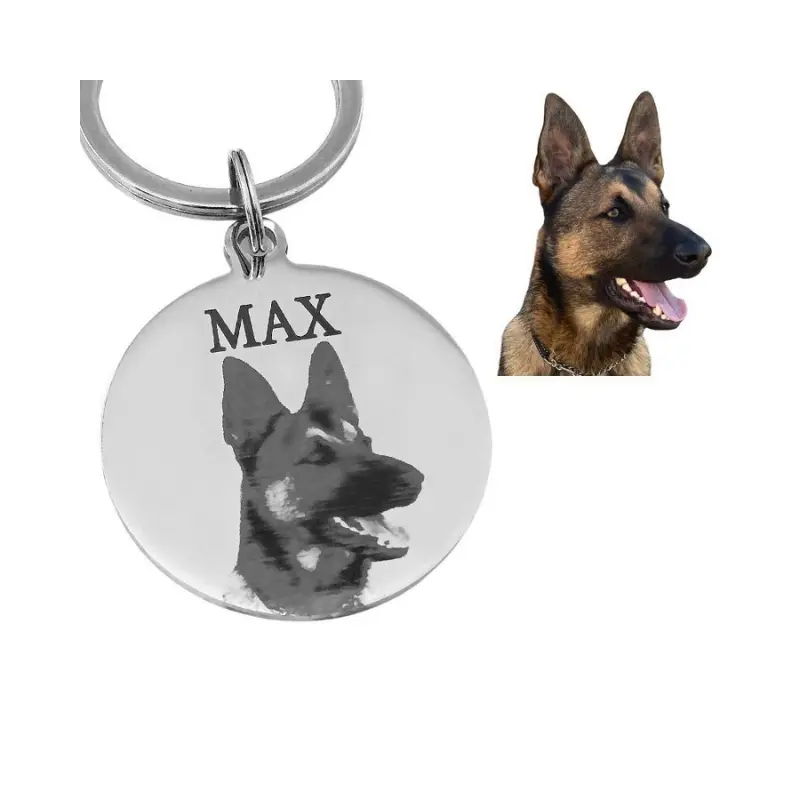 Hondenpenning met foto graveren mooie Hondenpenning gegraveerd met foto naam hond en adres zilver